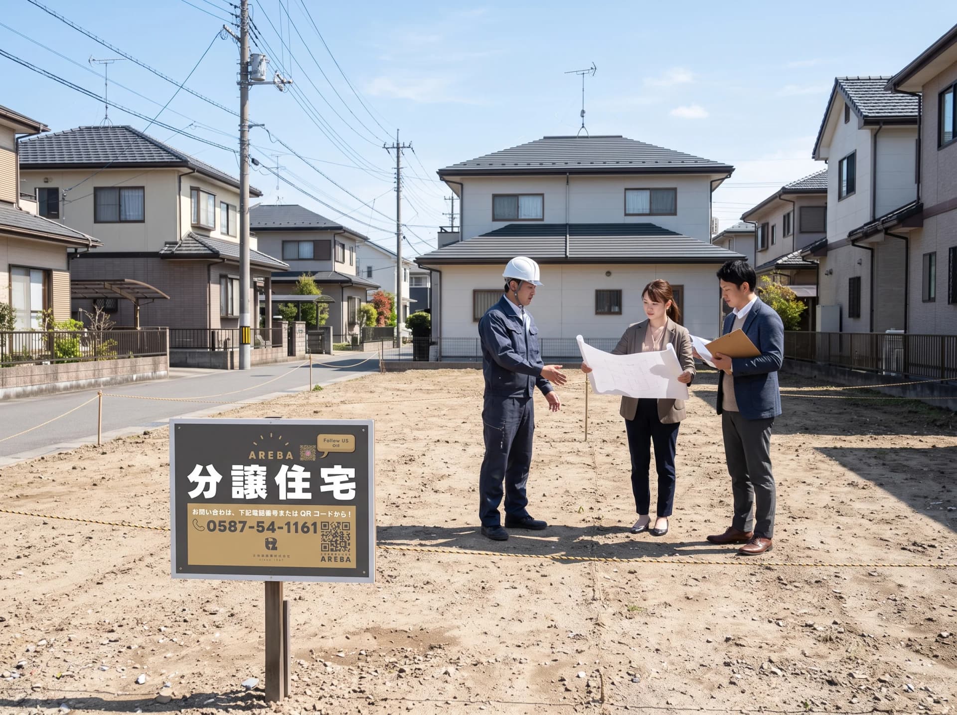 分譲地で打ち合わせをする3人と分譲住宅の看板