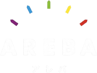 AREBA アレバのロゴ。五色の家型アイコンと英字、カタカナ表記